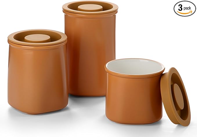 Nucookery Canisters Sets for the Kitchen Countertop, 3 Pcs Ceramic Jar with Silicone Lid, 40oz, 30oz, 20oz Food Storage Containers for Flour, Sugar, Coffee, Grains,Tea, Cookies, Dry Food Organization