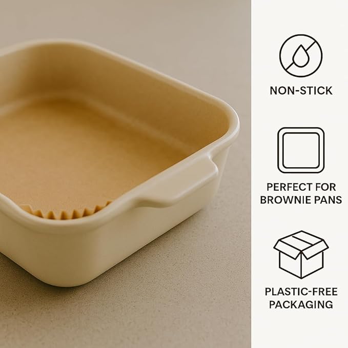 8 Inch Square Pre-Formed Parchment Paper, Plastic Free Packaging, Natural Unbleached Food Grade Non-Stick Liners, High Heat Safe, Designed in USA, 50 Sheets