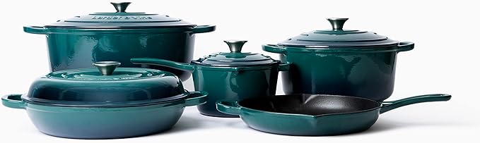 Larder & Vine 9 Piece Enameled Cast Iron Cookware Set, Oven Safe and Compatible with all Cooktops – includes 3.6 Qt Braiser, 5.7 QT and 8 QT Dutch Ovens, 10.25in Skillet and 2.2 QT Saucepan (Bondi)