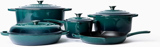 Larder & Vine 9 Piece Enameled Cast Iron Cookware Set, Oven Safe and Compatible with all Cooktops – includes 3.6 Qt Braiser, 5.7 QT and 8 QT Dutch Ovens, 10.25in Skillet and 2.2 QT Saucepan (Bondi)