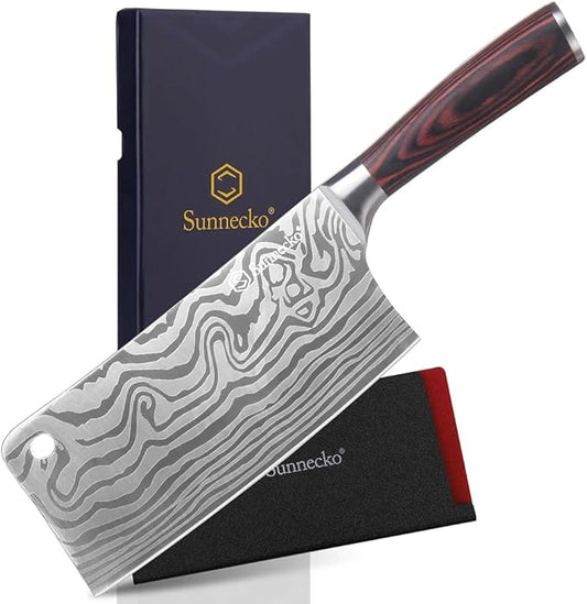 Sunnecko 7 Inch Cleaver Knife, High Carbon Stainless Steel Chinese Cleaver with Wooden Handle,Razor Sharp Meat Cleaver for Home and Kitchen