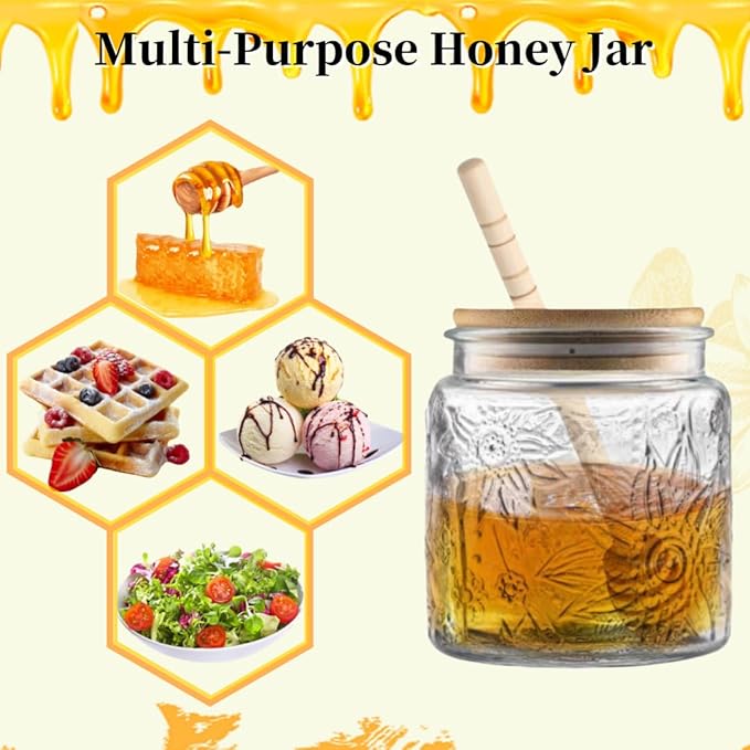 ANSQU Honey Pot, Airtight Glass Honey Jar with Bamboo Lid and Dipper Stick, Honey Container for Storing Honey, Jam Mason Jar for Home Kitchen, 17oz (Sunflower,1 Pack)