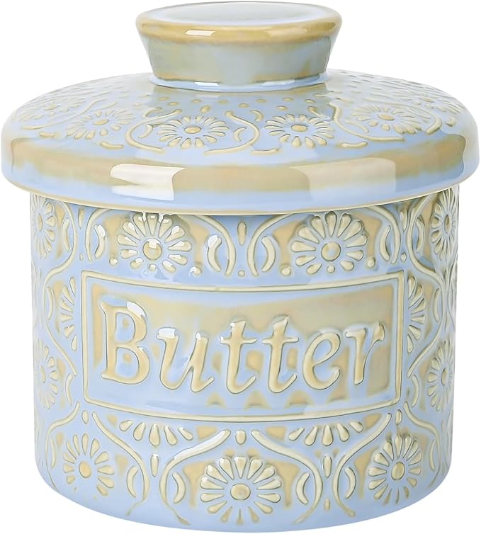 Butter Crock with Water Line, Ceramic Butter Keeper for Counter, French Butter Dish with Lid for Spreadable Fresh Butter (Pale Blue)