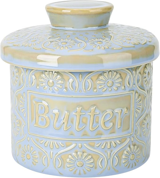 Butter Crock with Water Line, Ceramic Butter Keeper for Counter, French Butter Dish with Lid for Spreadable Fresh Butter (Pale Blue)