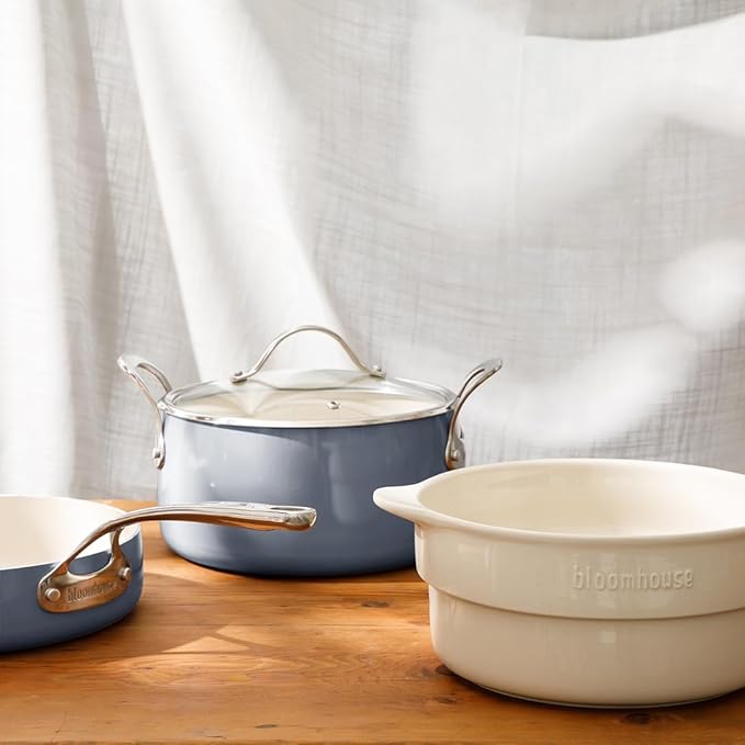 Bloomhouse 12 Piece Aluminum Pots and Pans Cookware Set w/Non-toxic Ceramic Non-stick, Ceramic Steamer Insert, & 12 Protective Care Bags - Periwinkle Blue