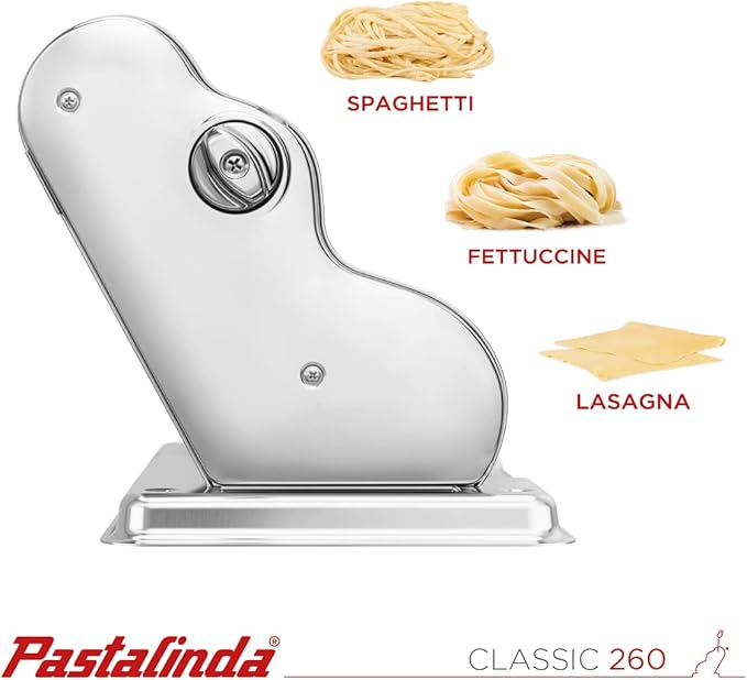 PASTALINDA Classic 260 Pasta Maker Machine, 26 cm Wide Rollers, 9 Thickness Positions, 2 Cutting Positions, Stainless Steel. Includes Reinforced Hand Crank And Two Clamps (Chrome)
