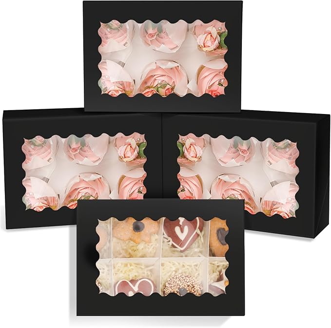 qiqee Black 6 Cupcake Boxes with Window Auto-pop up 30 Packs Cupcake Box 9"x6.1"x3.3" Bakery Boxes For Cupcakes Carrier, Cupcake Containers