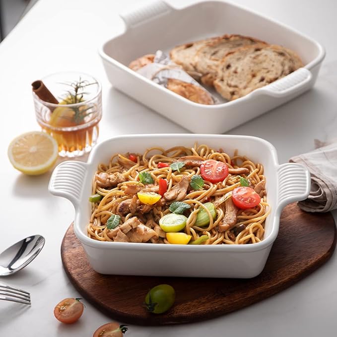 Sweejar Ceramic Baking Dish, 9 x 9 Cake Baking Pan for Brownie, Porcelain Square Bakeware with Double Handle for Casserole, Lasagna, Family Dinner (White)