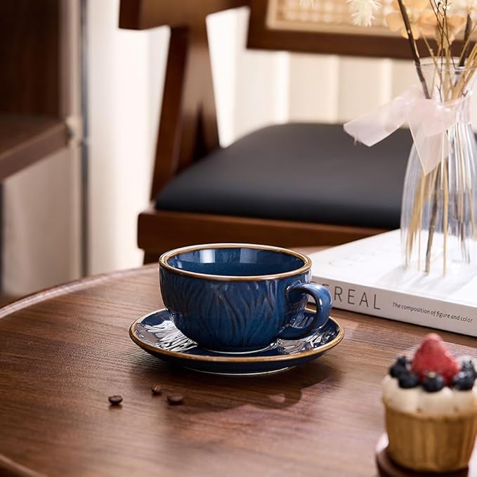 Vintage Design 12 oz Ceramic Latte Art Cappuccino Barista Cup with Saucer (Wave Blue)