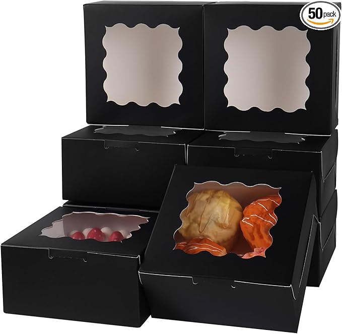 6x6x3 Inches Small Cake Box with Window, Bakery Box, Pastry Boxes, Cookie Boxes, Mini Pie Box for Pastry,Dessert,Strawberries,Chocolates, Cupcakes with paper stickers (Black/36pcs)