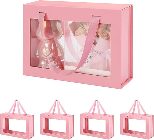 5 Pink Gift Boxes with Windows, Gift Boxes with Lids and Handles, Clear Magnetic Gift Boxes for Presents, Bridesmaid Proposal Boxes (10.5x7.5x3 Inches