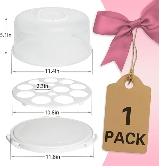 White Plastic Cake Carrier with Lid and Handle, 4 in 1 Multipurpose Cupcake Holder Stand for 11 '' Cake, Round Portable Dessert Storage Container Box with Cover for Pie Pizza Eggs Fruit Snack