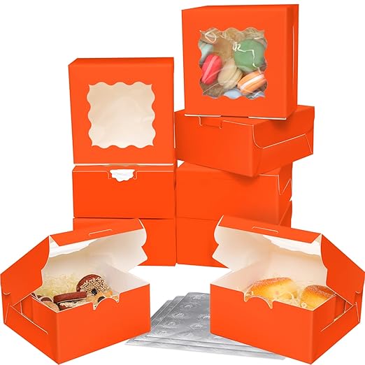Bakepacker 60pcs Orange Bakery Boxes with Window 6x6x3 inches Thick & Sturdy Macaroon Pastry Boxes Cookie Boxes for Bakerys