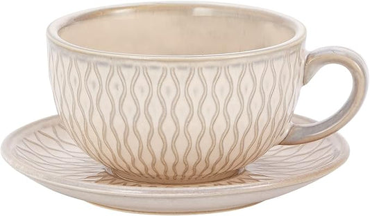 Vintage Design 12 oz Ceramic Latte Art Cappuccino Barista Cup with Saucer (Embossed Beige)