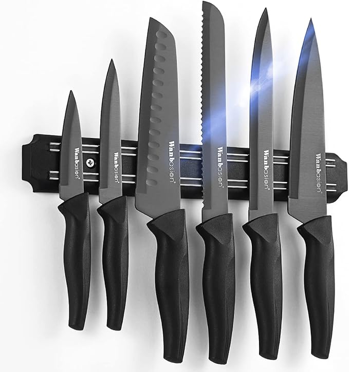 Wanbasion 7 Piece Black Sharp Knife Set for Kitchen, Stainless Steel Chef Knife Set with Magnetic Strip and Cover for Meat Cutting