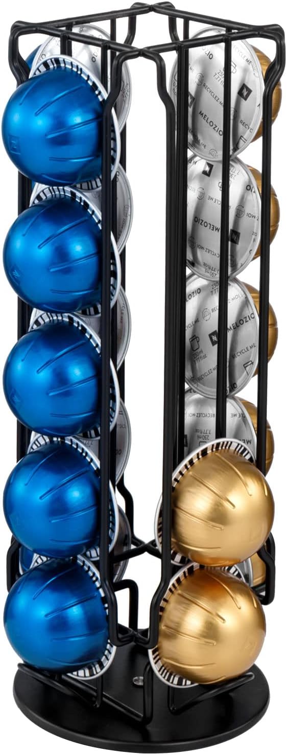 MyGift Black Metal Coffee Pod Capsule Holder Stand Rotating Carousel, Compatible with Vertuoline Pod, Coffee Bar Organizer Rack - Holds 20 Capsules