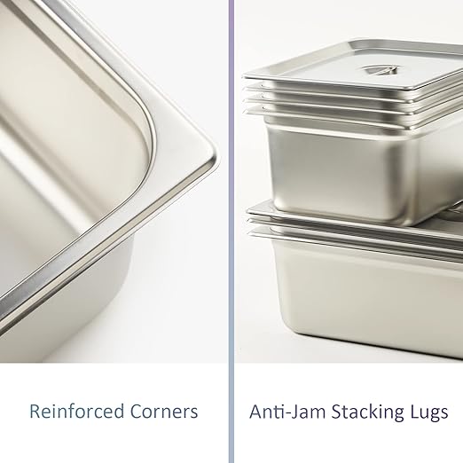 CURTA 6 Pack Anti-Jam Hotel Pans, 1/2 Size 2 1/2 Inch Deep, NSF Commercial 18/8 Stainless Steel Chafing Steam Table Pan, Catering Storage Metal Food Pan