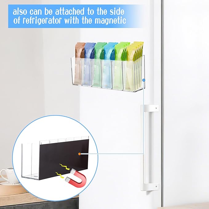 2 Pcs Acrylic Drink Packet Organizer, Mountable Water Drink Packet Holder with Adhesive & Magnetic Sticker, Wall Mount Drink Storage Bins with Removable Divider for Table Refrigerator Cabinets Pantry