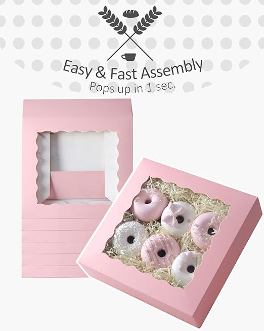 qiqee Auto-pop up Pink Pie Boxes with Window 10x10x2.5 inch 30Packs Cookie Donut Bakery Box
