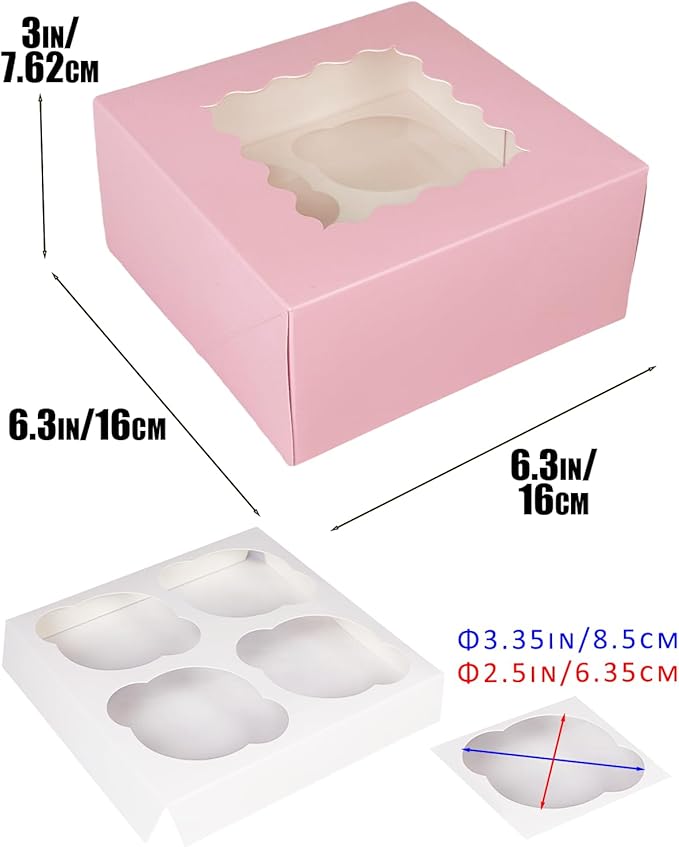 Bakepacker Auto-pop up 4 Cupcake Boxes with Window 20 Count Pink Box 6.3 x 6.3 x 3inch Cupcake Carrier