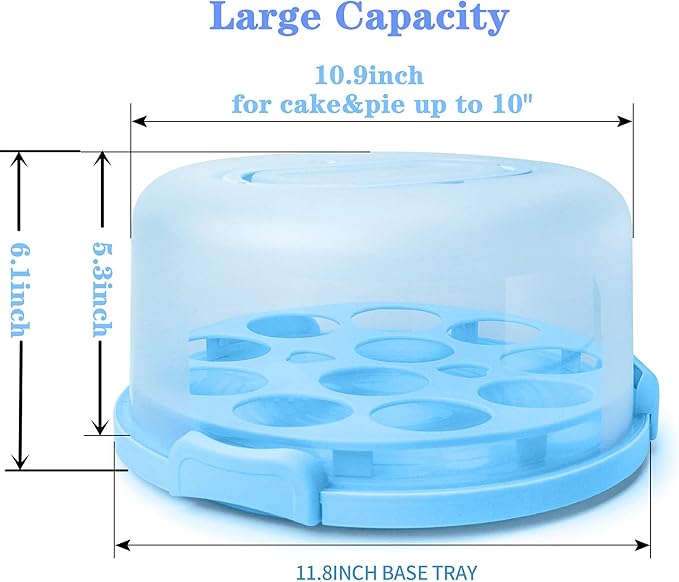Portable Cake Carrier with Handle, Round Cupcake Holder with Lid, Plastic Storage Container Box fit 10 inch Cake, 3-Locking Muffin and Pies Keeper with Cover (Blue)