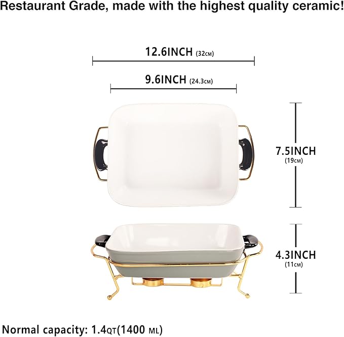 Ceramic Casserole Dish 1.3 Quart Bakeware with rack, 9 x 6 Lasagna Pan, Buffet, hot pot, Catering Casserole for party, Bakeware With Handle, Microwave, Dishwasher, Oven Safe (Gray with rack)