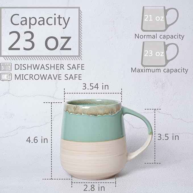 Bosmarlin Extra Large Ceramic Coffee Mug, 23 Oz, Dishwasher and Microwave Safe, Oversized Big Tea Cup, Reactive Glaze (Green)