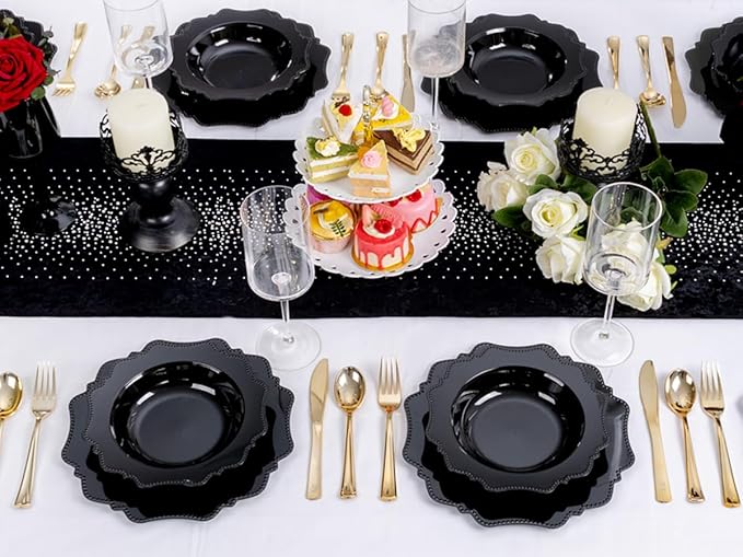 COLOSUS Black Plastic Party Bowls (60 Pack) 12 Oz Disposable Soup/Salad Bowl, Fancy Shatterproof Dinnerware for Catering, Holidays, Weddings, and Everyday Use