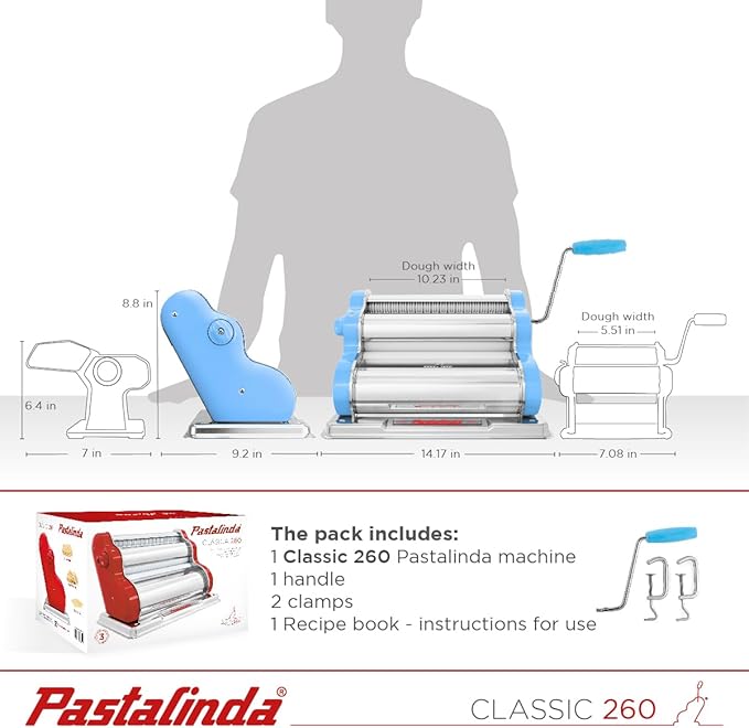 PASTALINDA Classic 260 Pasta Maker Machine, 26 cm Wide Rollers, 9 Thickness Positions, 2 Cutting Positions, Stainless Steel. Includes Reinforced Hand Crank And Two Clamps (Light Blue)