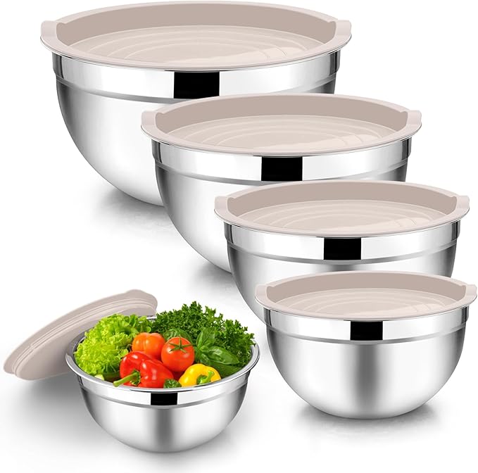 TeamFar Mixing Bowls with Lids, 5-Piece Stainless Steel Metal Nesting Salad Bowl for Mixing Prepping, Healthy & Heavy Duty, Airtight Lids & Dishwasher Safe, 4.5/3/1.5/1/0.7 QT-Khaki