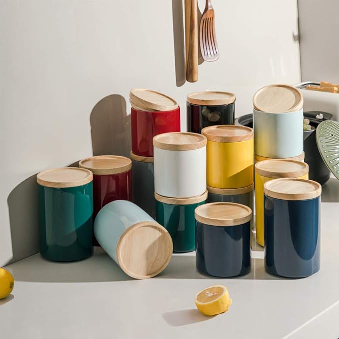 Sweejar Kitchen Canisters Ceramic Food Storage Jar, Stackable Containers with Airtight Seal Wooden Lid for Serving Ground Coffee, Tea, Sugar, Salt and More - 28 Fl Oz (Yellow)