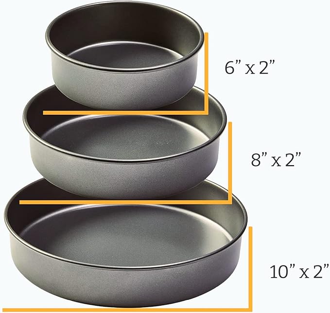 Chicago Metallic Professional 3-Piece Round Cake Pan Set of 6, 8, 10 inch Premium Nonstick Bakeware, Heavy-Weight Carbon Steel for Even Baking, Perfect for Layer Cakes