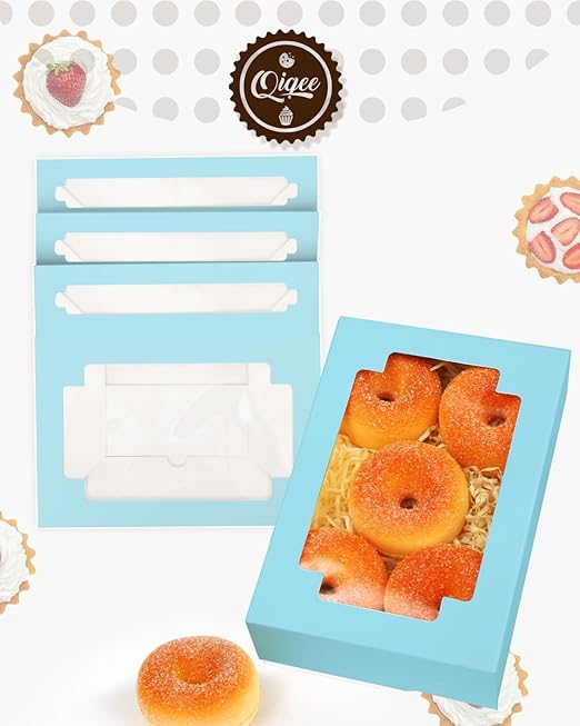 qiqee Light Blue Cookie Boxes for Gift Giving 8x5.3x2 inch 24Packs Light Blue Bakery Box with Window Treat Box for Donuts Candies and Biscuit