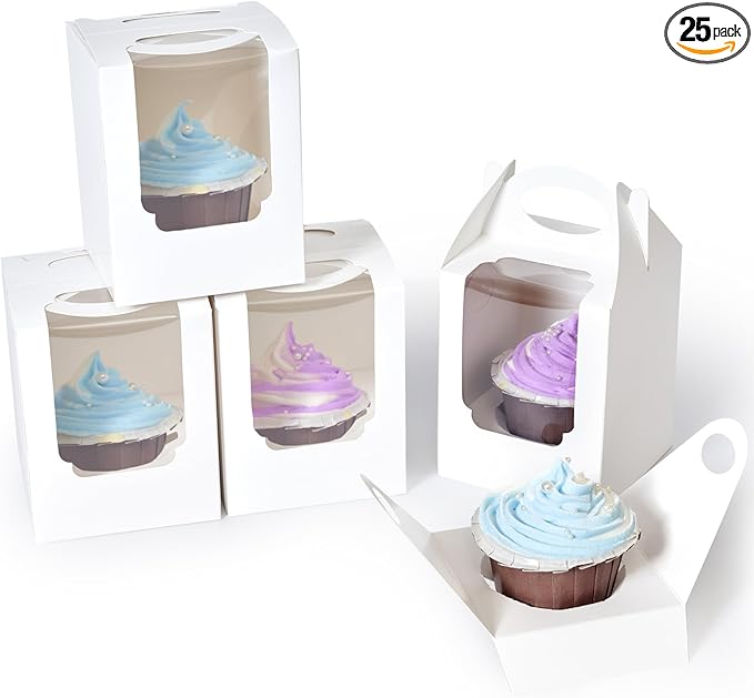 Cupcake Boxes 25 Pcs, Individual Cupcake Carrier White with Window Insert and Handle Pastry Containers Single Muffins Container for Bakery Wrapping Party Favor Packing