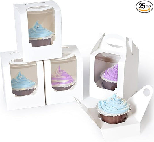Cupcake Boxes 25 Pcs, Individual Cupcake Carrier White with Window Insert and Handle Pastry Containers Single Muffins Container for Bakery Wrapping Party Favor Packing