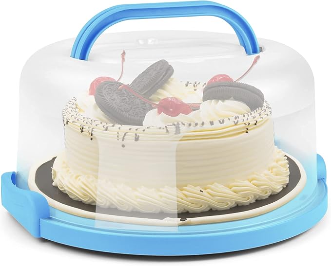 Portable Cake Carrier with Handle, Round Cupcake Holder with Lid, Plastic Storage Container Box fit 10 inch Cake, 3-Locking Muffin and Pies Keeper with Cover (Blue)