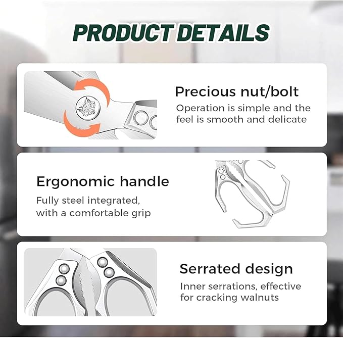 Seattleget Multifunctional Heavy-Duty Kitchen Shears, 2025 New 2 in 1 Ergonomic Kitchen Scissors, Poultry Scissors Heavy Duty Cut Bone, for Chicken, Meat, Seafood, Bone Cutting (Black)
