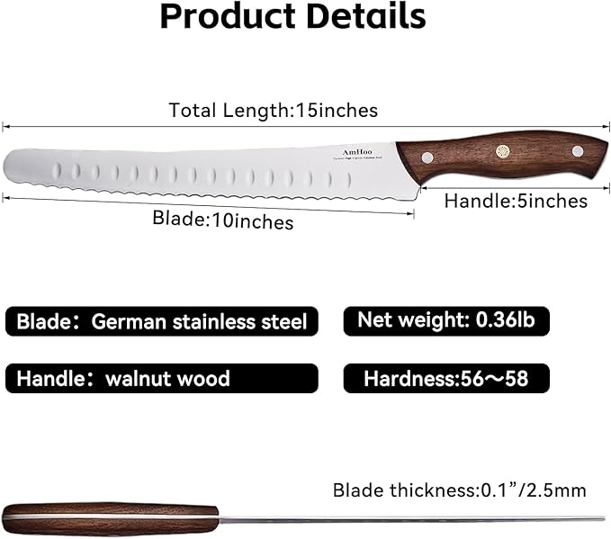 AmHoo Bread Knife 10-inch German High Carbon Stainless Steel Ultra Sharp Serrated Handle Walnut Wood for Homemade Bread Cake Christmas Gifts
