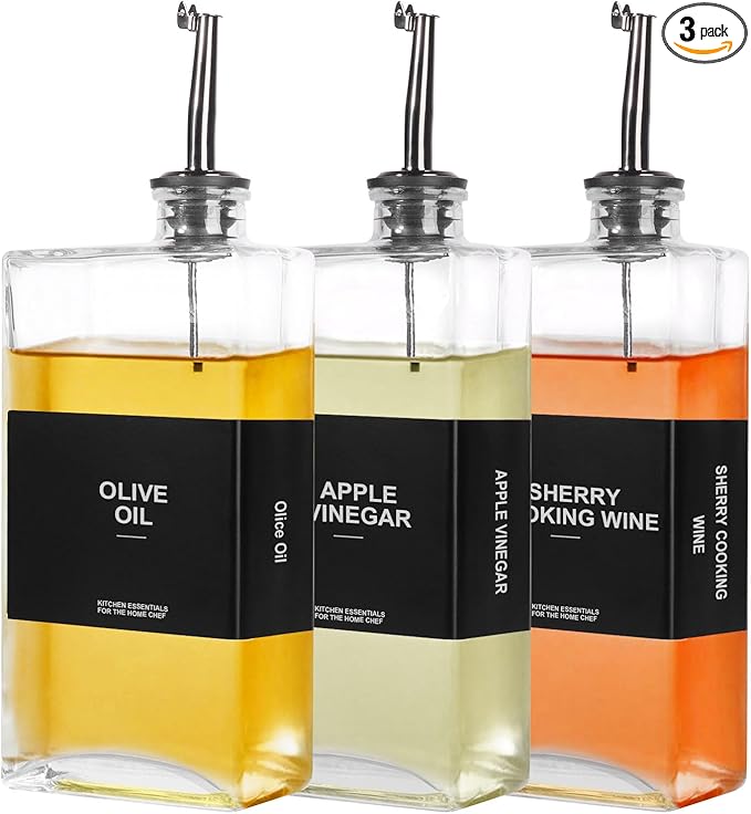 OKYUK Olive Oil Dispenser Bottle for Kitchen Cooking, 16.9oz/500ml Soy Sauce Coffee Syrup Oil and Vinegar Dispenser Set, with Silicone Funnel, Labels (3PCS, Black)