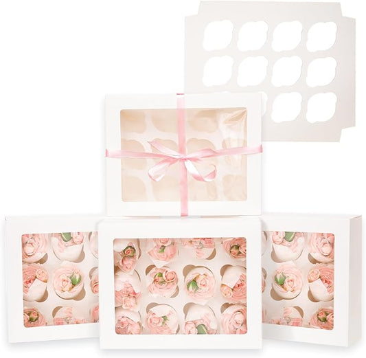 Bakepacker Auto-pop up 12 Cupcake Containers 6-Packs White Cupcakes Carrier, 12 Cupcake Boxes with Window 13"x10"x3.5"