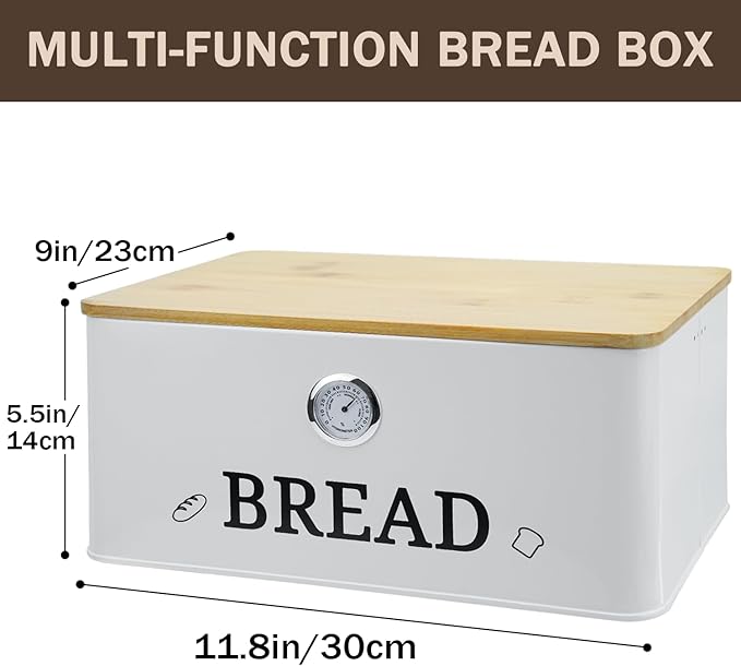 White Bread Box for Kitchen Countertop with Bamboo lid, Hygrometer Kitchen Organizer for Sourdough, Buns, and Loaves, Bread Storage Container