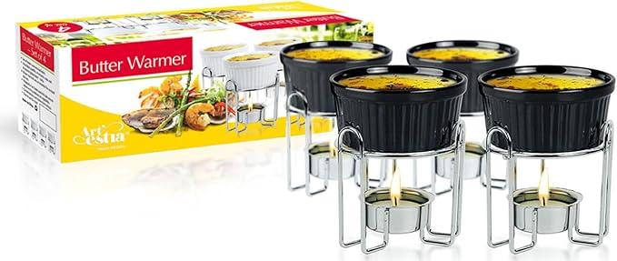 Artestia Butter Warmers Set, 4-Piece Ceramic Butter Warmer with Tea Light Candles, Crab Boil Party Supplies - Dishwasher, Microwave, Oven Safe (Black)