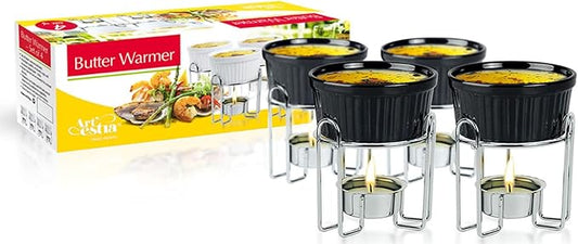 Artestia Butter Warmers Set, 4-Piece Ceramic Butter Warmer with Tea Light Candles, Crab Boil Party Supplies - Dishwasher, Microwave, Oven Safe (Black)