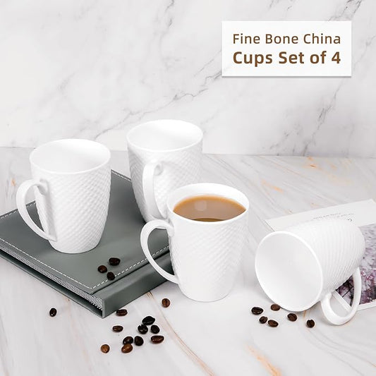 12 Oz White Coffee Mugs Set of 4, Fine Bone China Mugs, White Ceramic Coffee Cups Set, Rhombus Relief Texture, Lightweight Tea Mugs for Latte, Hot Cocoa, Women, Men