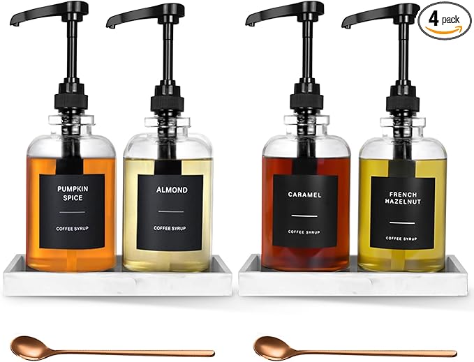 Coffee Syrup Dispenser for Coffee Bar, Glass Syrup Dispenser with Pump, Coffee Syrup Pump Dispenser Bottle with Tray, Spoon for Coffee Station, Coffee Bar Organizer, Black,16.9 oz, 500 ml