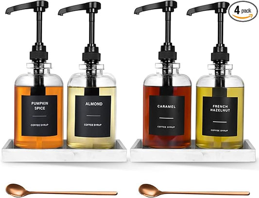 Coffee Syrup Dispenser for Coffee Bar, Glass Syrup Dispenser with Pump, Coffee Syrup Pump Dispenser Bottle with Tray, Spoon for Coffee Station, Coffee Bar Organizer, Black,16.9 oz, 500 ml