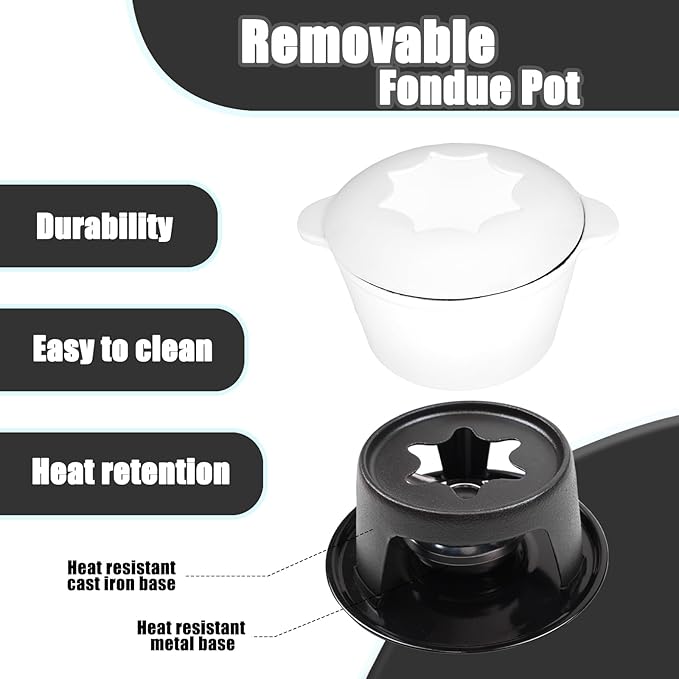 Mabeeze Cast Iron Fondue Pot Set for Cheese, Chocolate or Meat - White Enameled 1.6 Qt Pot - Includes 6 Fondue Forks