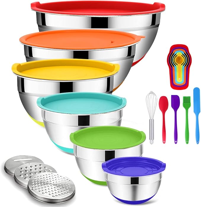 Rottay Mixing Bowls with Airtight Lids, 20PCS Stainless Steel Mixing Bowl Set, Nesting Bowls with 3 Grater Attachments & Non-Slip Bottoms, Size7, 4, 3, 2, 1.5, 1QT Bowls for Baking&Prepping