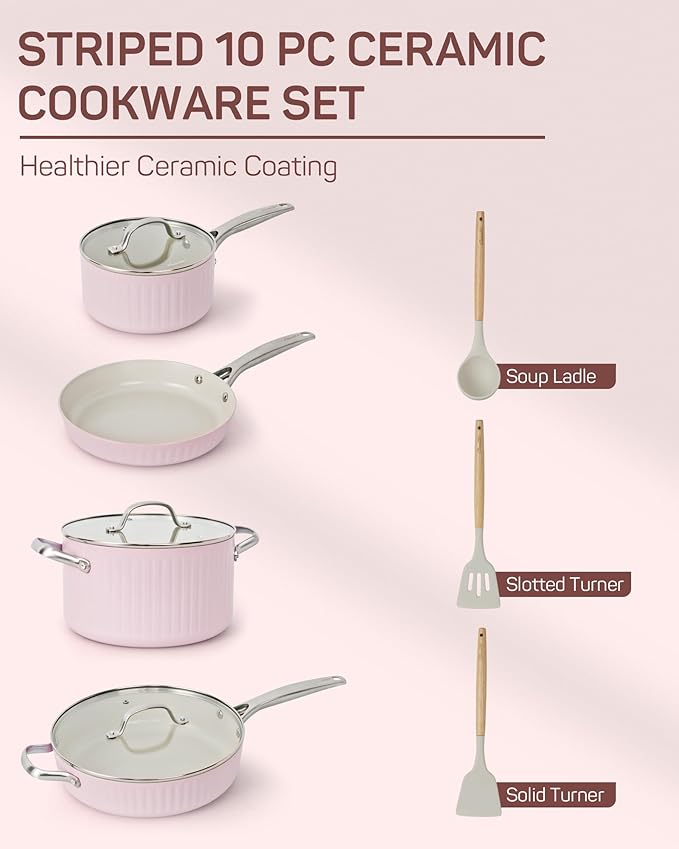 10Pcs Nonstick Cookware Set, Ciwete Tri-Ply Ceramics Cookware Set, Kitchen Pots and Pans with Stay Cool Ergonomic Handle, Dishwasher Safe, Oven Safe, Gift, Compatible with All Stovetop, Pink