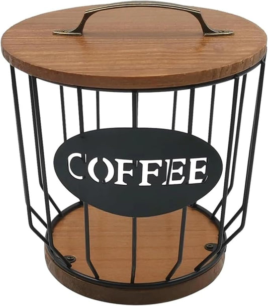 Metal Coffee Pod Holder Wire Coffee Pods Storage Basket Espresso Capsule Storage for Home Kitchen Cafe Hotel (Black with lid)
